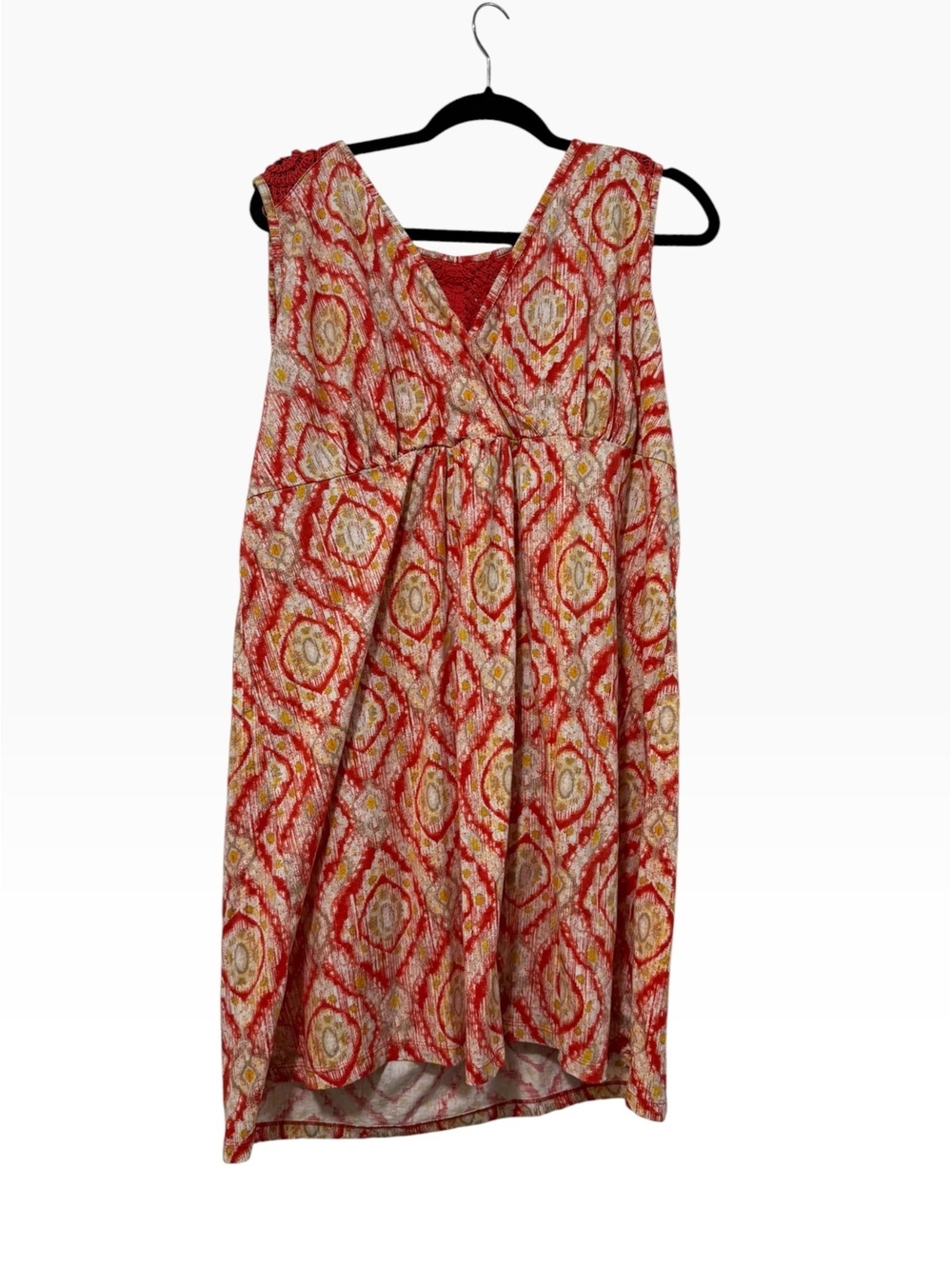 Sleeveless Red and Beige Patterned Sundress with Crochet Detai XL